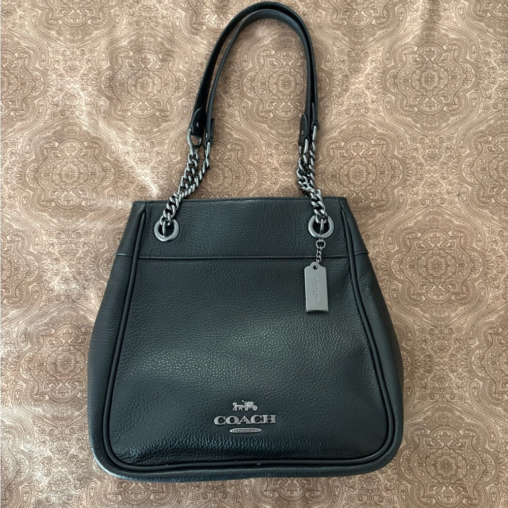 Coach Black Leather Shoulder Bag with Silver Accents